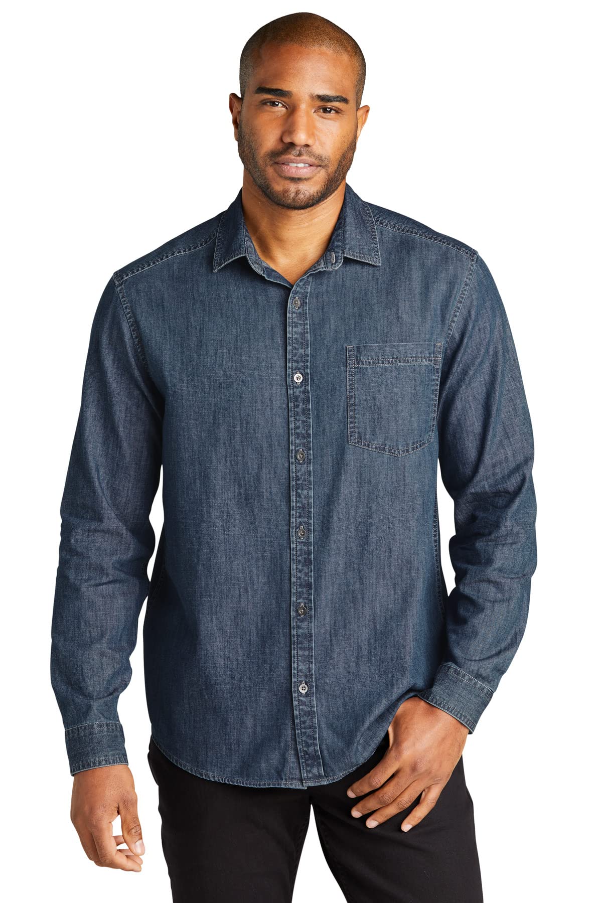 Men's Long Sleeve Perfect Denim Shirt by Port Authority – Metal, Medium Wash, Model W676