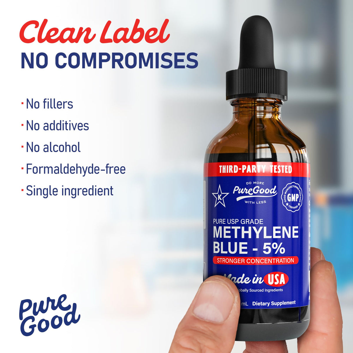Methylene Blue 5% Liquid by PureGood – Glass, Pack of 2, Model PG 1101
