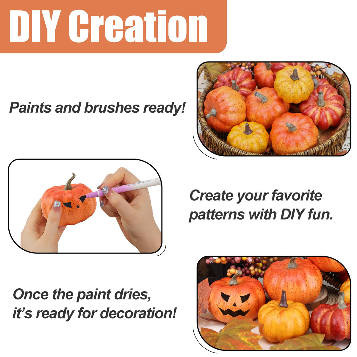 Cheawrtz Artificial Pumpkins, 16 Piece Foam Set, Orange Yellow Red with Berries and Leaves