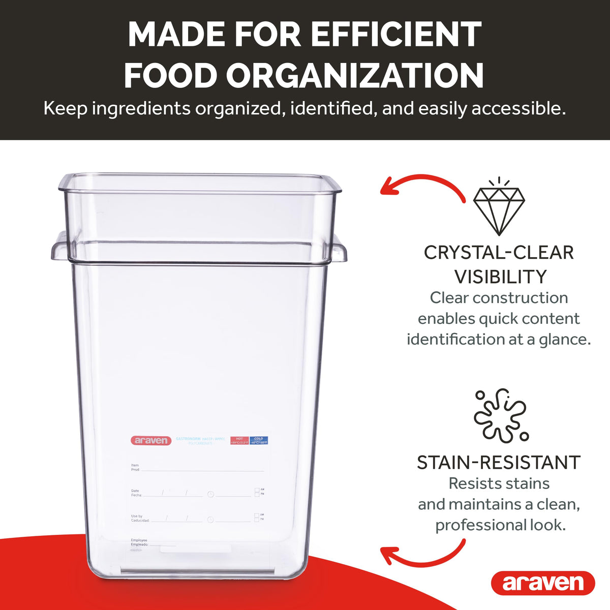 Polycarbonate Square Food Container by Araven – 4.09 cubic_feet, Polycarbonate (PC), Clear, Pack of 6, Model 91906