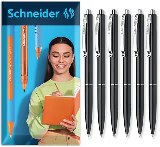 Schneider K15 Ballpoint Pen M Refillable Stainless Steel Tip, Black, 6 Pack | Refillable, Waterproof ISO-Certified Ink, Durable Metal Clip, Slim Design for Office, Home, Work Use