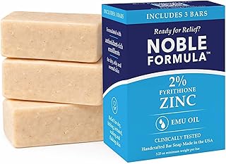 Zinc Pyrithione Soap Bar 2% with Emu Oil, Noble Formula, 3 Bars | For itching, flaking & redness | Acne, psoriasis & eczema | Handmade in USA