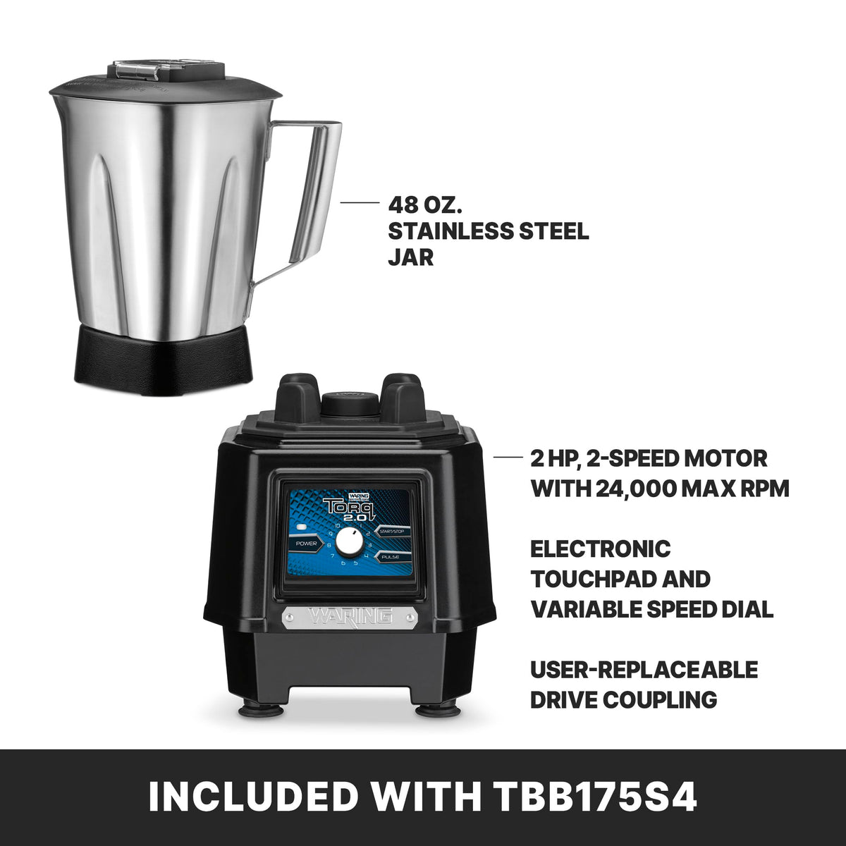 Waring Variable Speed Control Dial 1,000 to 17,000 RPM / 48 Ounce Stainless Steel Container Jar / 48 Ounce Countertop Blenders