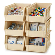 Quantum Storage QUS238 Heavy-Duty Stackable Plastic Storage Bins for Workshop by QUANTUM STORAGE SYSTEMS – 18" L x 6" W x 5" H, 495.0 cubic_inches, Plastic, Ivory, Pack of 12