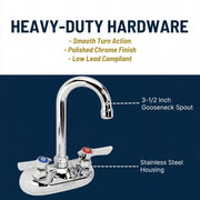 KR- 3.5" Wall Mount Faucet with Gooseneck Spout by Krowne – 4 Inch, Stainless Steel, Silver, Model 10-400L