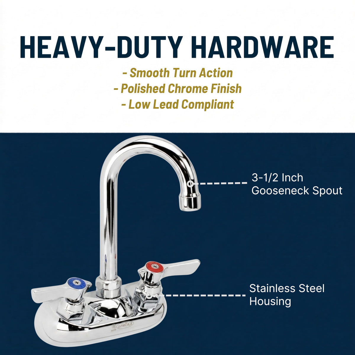 KR- 3.5" Wall Mount Faucet with Gooseneck Spout by Krowne – 4 Inch, Stainless Steel, Silver, Model 10-400L
