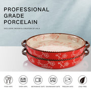AVLA Ceramic Pie Pan Set, 9 Inch Round with Handles, 28 Ounce, Sakura Red