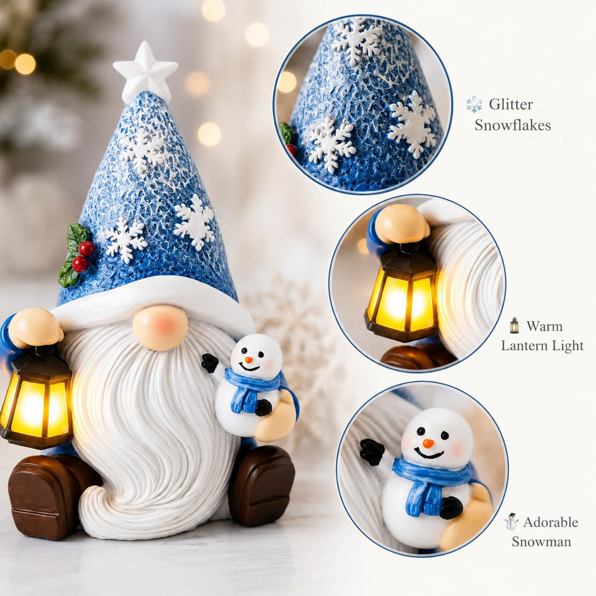 KnomeKo Lighted Christmas Gnome Figurine, Blue Snowman Lantern, 6 Inch