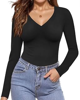 Long Sleeve Shirts for Women V Neck Basics Tops Lightweight Base Layer Slim Fit Top Thermal Undershirts