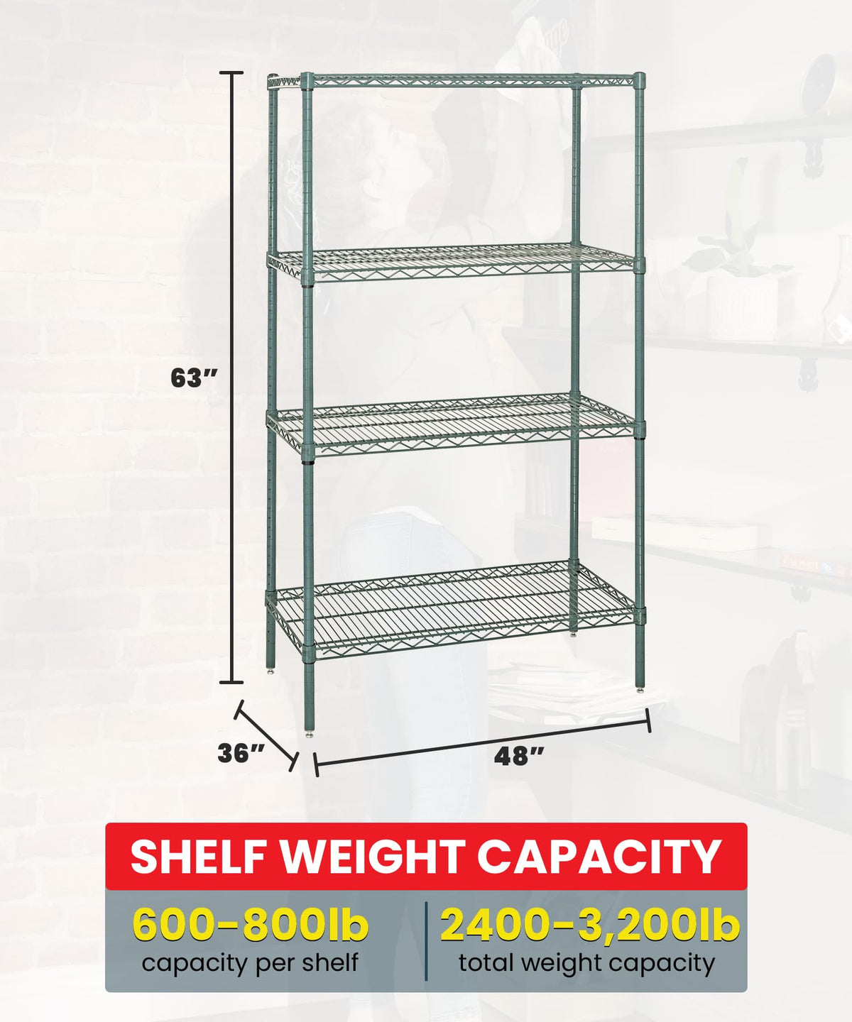 Quantum Food Service Wire 4 Shelf Starter KIT PROFORM 63in by QUANTUM STORAGE SYSTEMS – 63H x 48W x 36D, Carbon Steel, Green Epoxy, Model WR63-3648P