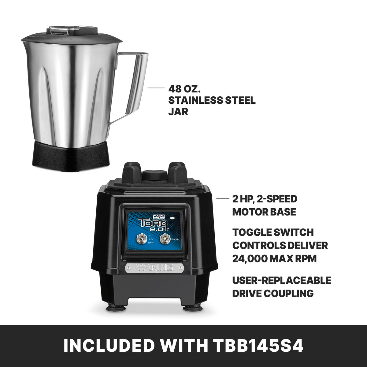 Torq Blender with 48 oz Stainless Steel Jar & Toggle Switch by Waring – 48 Ounce Stainless Steel Jar, 1.4 liters, Stainless Steel, Black, Model TBB145ES/TBB145S4