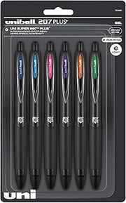 Uni-Ball 207 Plus+ Retractable Gel Pens, Medium Point, 0.7 mm, Black Barrel, Assorted Ink, Pack Of 6 Pens