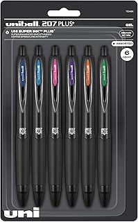 Uni-Ball 207 Plus+ Retractable Gel Pens, Medium Point, 0.7 mm, Black Barrel, Assorted Ink, Pack Of 6 Pens