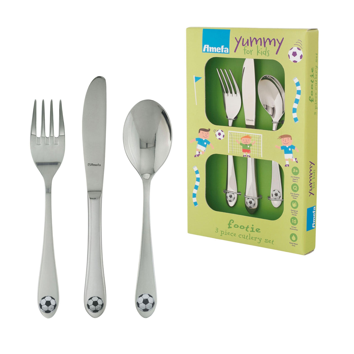 3 Piece Kids Flatware Set Soccer by Amefa – 3 years, Stainless Steel, Pack of 3, Model 842200G020A30