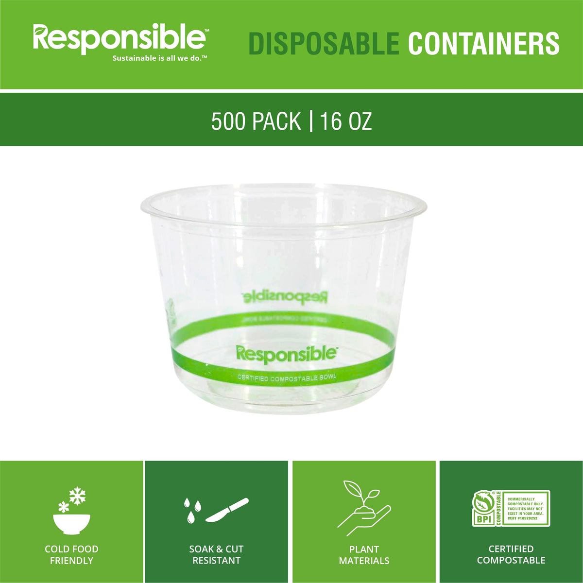 16 oz Clear Round Deli Container by Responsible Products – 16 oz, 16.0 fluid_ounces, Other, Clear, Model RP-PLARDC16-117-500