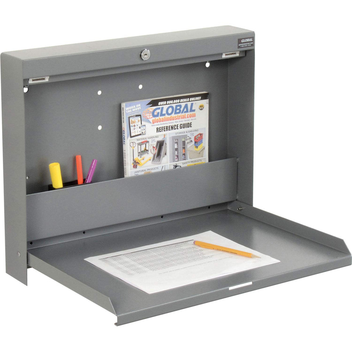 Wall Mounted Fold Down Shop Desk with keyed Lock by Global Industrial – 3.38"L x 20"W x 16.38"H, Steel, Grey, Model 319391