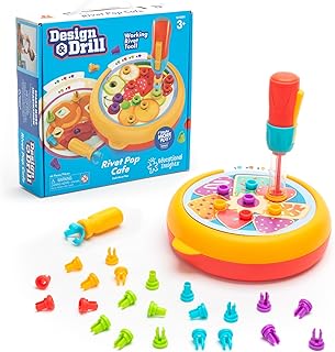 Educational Insights Design & Drill Rivet Pop Cafe - Fine Motor Toys for Toddlers 3-4, Creative Construction Toys, Pop Rivet Set with Real Tools for Kids, Toddler STEM Toy, Independent Learning