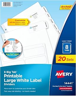 Avery Big Tab Printable Large White Label Dividers with Easy Peel, 8 Tabs, 20 Sets (14441) (Pack of 6)