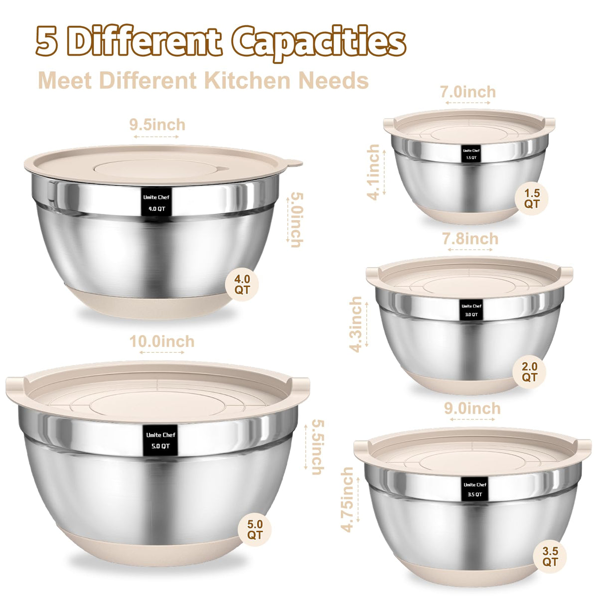 Umite Chef Nesting Mixing Bowls, Stainless Steel with Lids and Graters, 5 Piece Set in Khaki