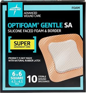 Medline Optifoam Gentle SA Silicone-Faced Foam Dressing in Educational Packaging, 6" x 6" (15.2 x 15.2 cm), Box of 10