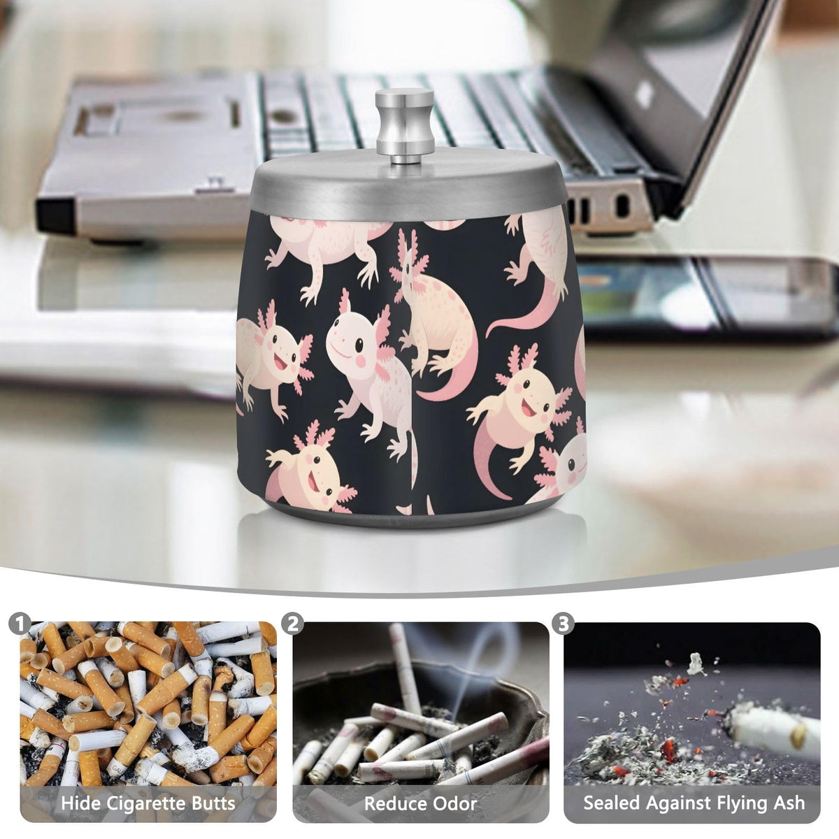 Axolotl Pattern Splash Ashtray with Lid by ALAZA – Stainless Steel, C2999, Model g541061958p1082c1149s2657