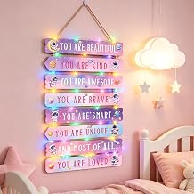 Space Wall Decor Set of 8 with LED Lights for Girls, Illuminated Galaxy Astronaut Spaceman Art Posters, Wooden Be Brave and Be Kind Sign, Pink Bedroom Nursery Classroom Wall Art Decoration for Little Girls