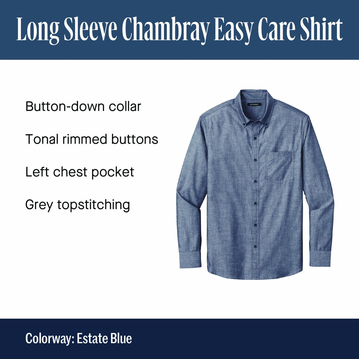 Men's Long Sleeve Chambray Easy Care Button-Down Shirt by Port Authority – Polyester,Cotton, Deep Black, Model W382