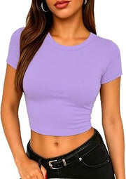 Women's Casual Going Out Crop Tops Crew Neck Slim Fit Short Sleeve Basic Tight T Shirts