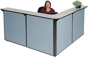 Global Industrial 80"W x 80"D x 44"H L-Shaped Reception Station, Gray Counter/Blue Panel