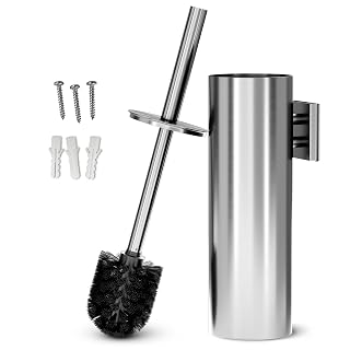 Silver Toilet Brush and Holder Set, Stainless Steel (Wall Mounted) | Bathroom Trash Can and Toilet Brush Set, Splash Protection & Dense Bristles, Corrosion-Resistant, Fits Most Standard Toilets