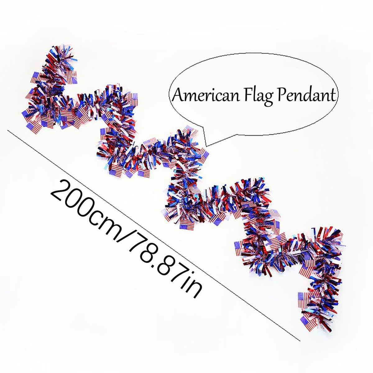 6.6Ft Patriotic Tinsel Garland with American Flag 4th of July Decorations Red White and Blue Glitter Metallic Foil Hanging Garland for Independence Day Memorial Day Holiday Party