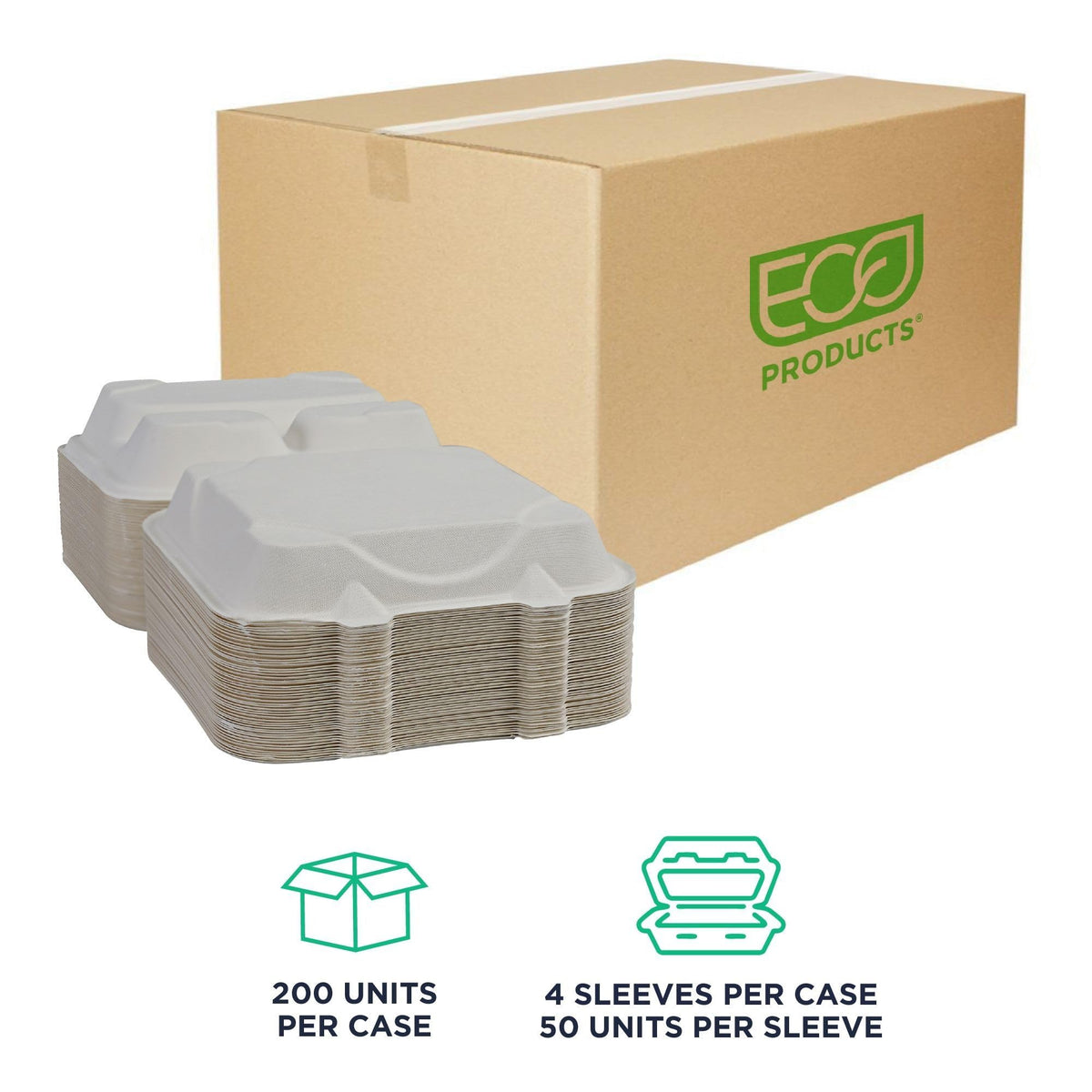 Eco-Products Compostable Vanguard 9" Clamshell To Go Containers by ECO PRODUCTS – 9" x 9", 18.0 ounces, molded fiber, White, Pack of 500