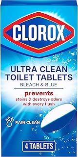 Clorox Ultra Clean Toilet Tablets Bleach & Blue, Rain Clean Scent, 2.47 Ounces Each, 4 Count (Package May Vary)