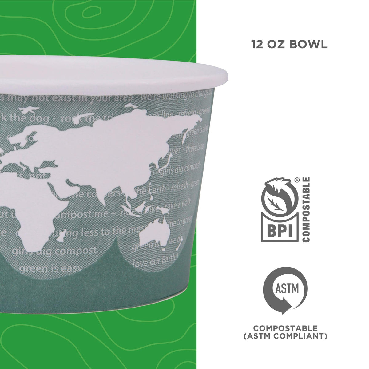 ECO PRODUCTS Compostable 12oz Lined Paper Food Bowls – Case of 500, Renewable Disposable Round Containers, Plant-Based PLA Lined, World Art, Lids Available, ASTM Compliant, BPI-Certified