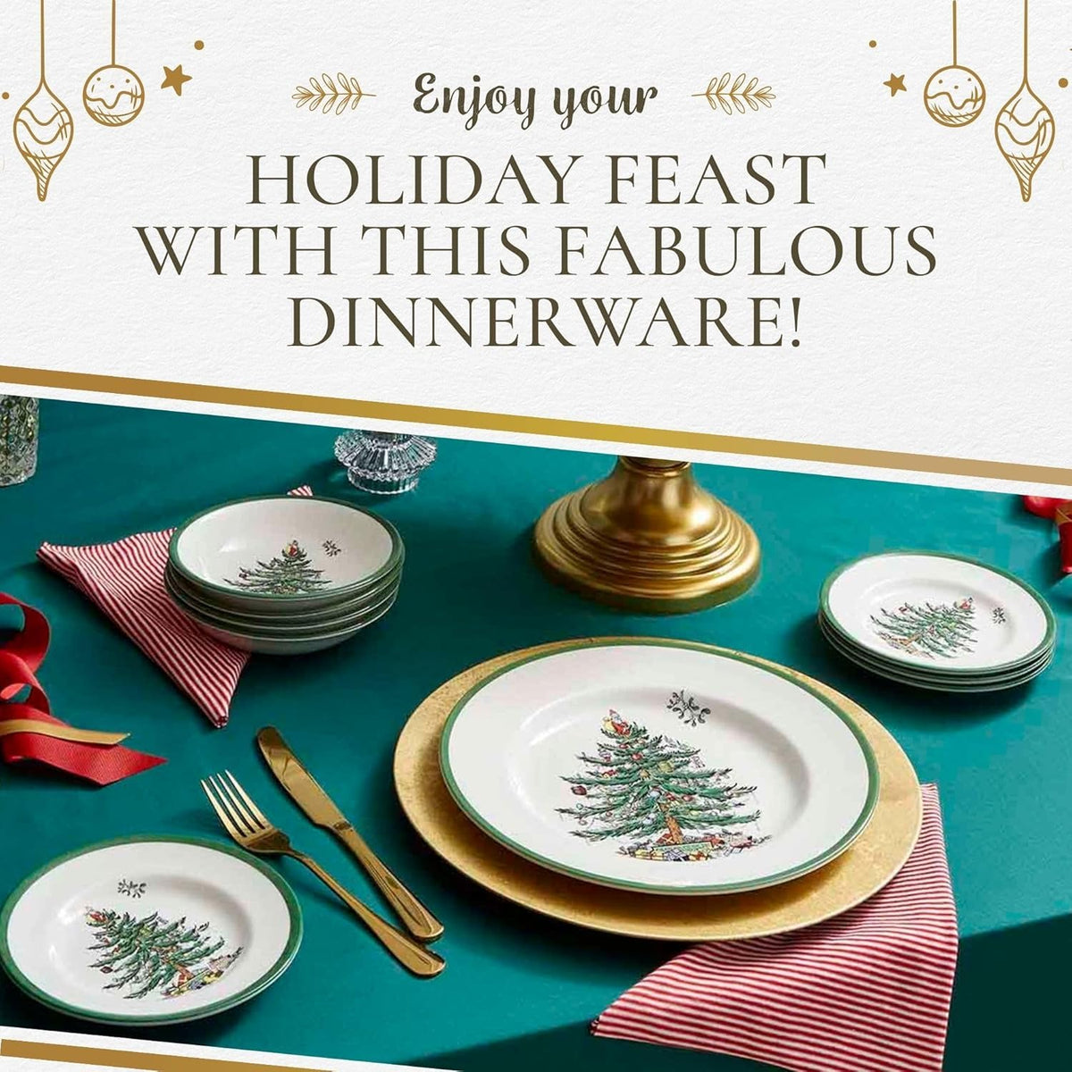 Spode Christmas Tree Earthenware Dinnerware Set, Service for 4, Multicolor