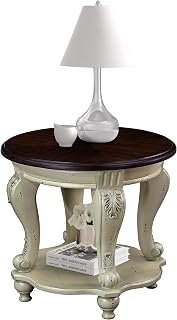 22" Antique Crafted Coffee Table, Round Coffee Table with Rounded Corners, Mesa De Centro para Sala with Lower Shelf for entryway and Living‑Room Areas, Beige