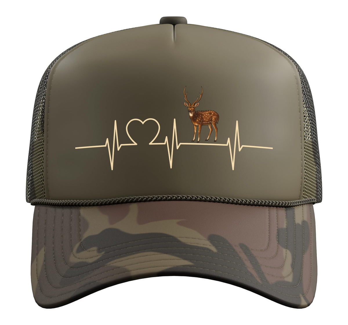 Chital Axis Deer Heartbeat Axis Deer Trucker Hat with Adjustable Mesh Back by Chital Axis Deer Lovers Shop – Polyester, Camo Green