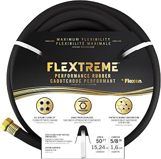Flexon Flextreme 5/8" x 50ft Black Synthetic Performance Rubber Garden Hose – Lightweight, All-Weather Flexibility, Heavy-Duty, Kink-Resistant, Solid Brass Couplings, Watering Hose for Lawn & Garden