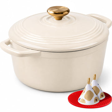 Overmont Cast Iron Dutch Oven, 5.5 Quart, Warm White
