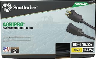 Southwire AGRIPRO 10/3 Extra Heavy Duty Extension Cord, 50ft, Farm/Workshop Cord, SJTOW, Black, 64817801