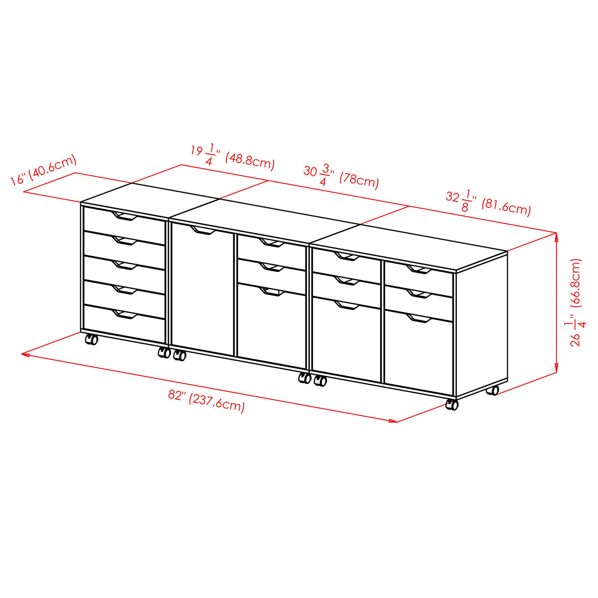 Halifax 3-Pc Set Cabinets by Winsome – 3 Doors, 12 Drawers, Engineered Wood, Black, Model 20346