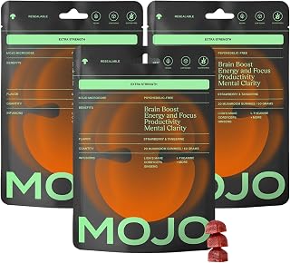 Mojo Focus Gummies Extra Strength with Lion's Mane Mushroom, Cordyceps & Panax Ginseng. Mushroom brain supplement for adults with memory, energy & mental clarity support. Strawberry Tangerine, 3-Pack.