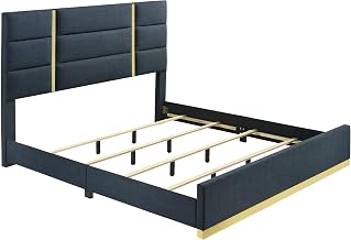 Coaster Home Furnishings - INES - Wooden Panel Bed with Upholstered Headboard, Gold Strips and Gold Base - Bedroom - Eastern King Size - Navy - 223091NVYKE