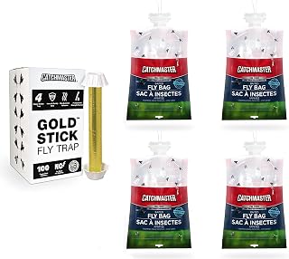 Catchmaster Fly Trap Bundle, Gold Stick 4-Pack & Fly Bag 4-Pack, Fruit Fly Traps for Indoors & Outdoors, for Garage, Backyard, Pool, Patio & Camping