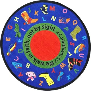 Joy Carpets Kid Essentials Inspirational Walk in Faith Area Rug, Multicolored, 13'2" Round