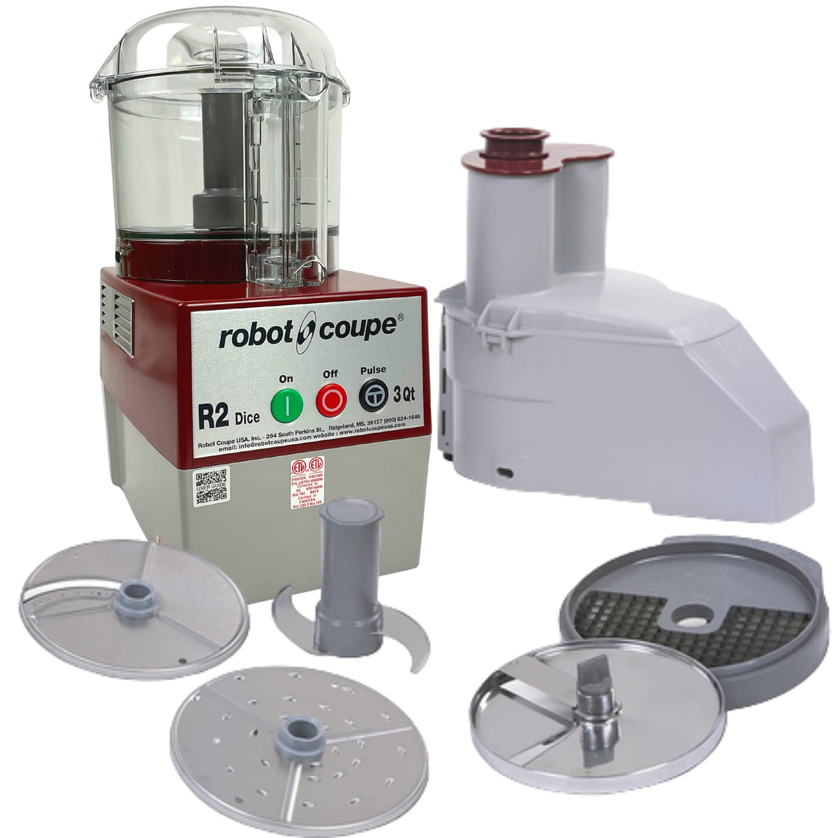 R2CLRDICE, Combination Food Processor with 3 Quart Clear Polycarbonate Bowl, 4 Stainless Discs, Pulse Control, 120v, 1725 RPM, Vegetable Chopper, Gray/Red, Commercial Kitchen Use