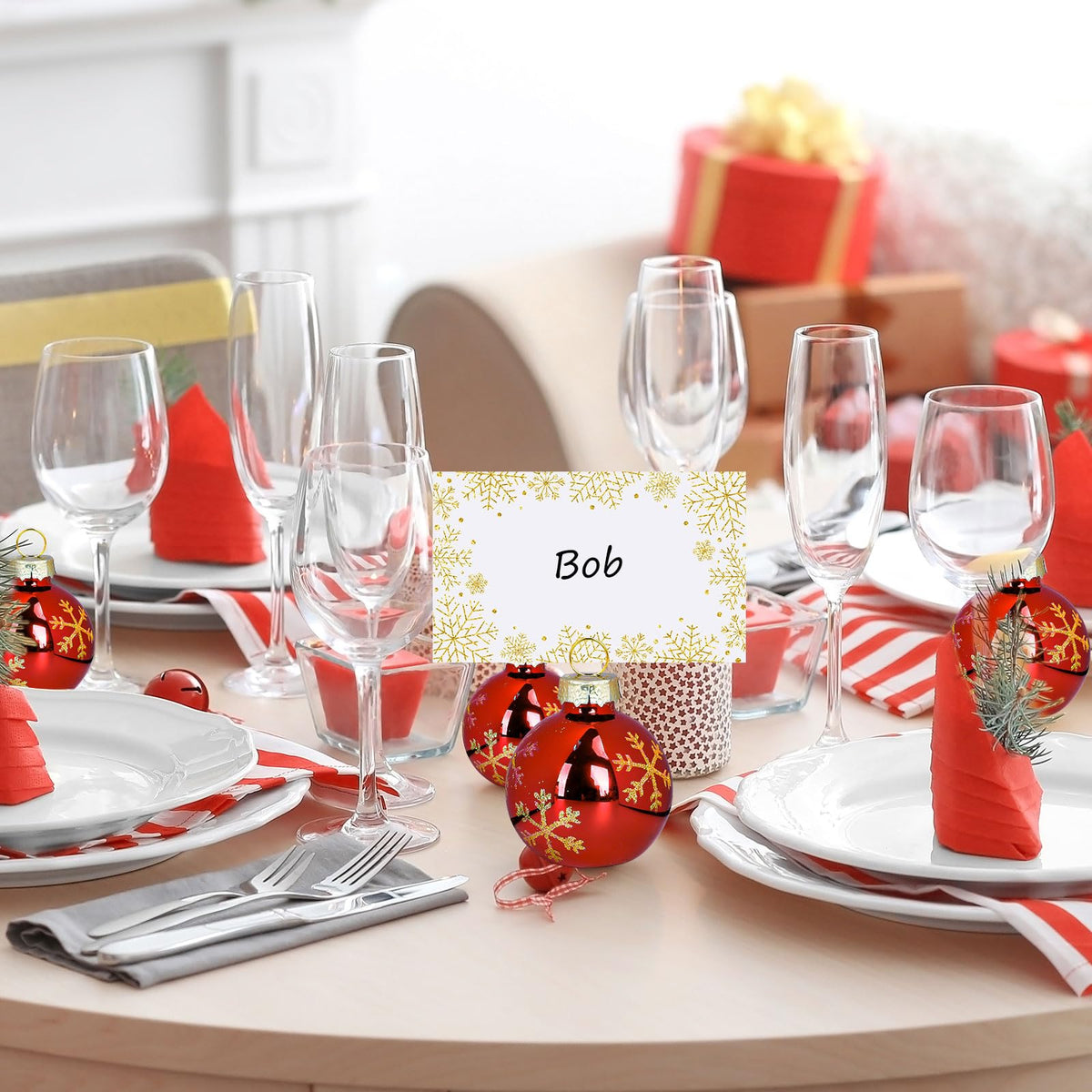 Whaline Christmas Place Card Holders, Red Ball Ornament with Gold Snowflakes, 12 Pack
