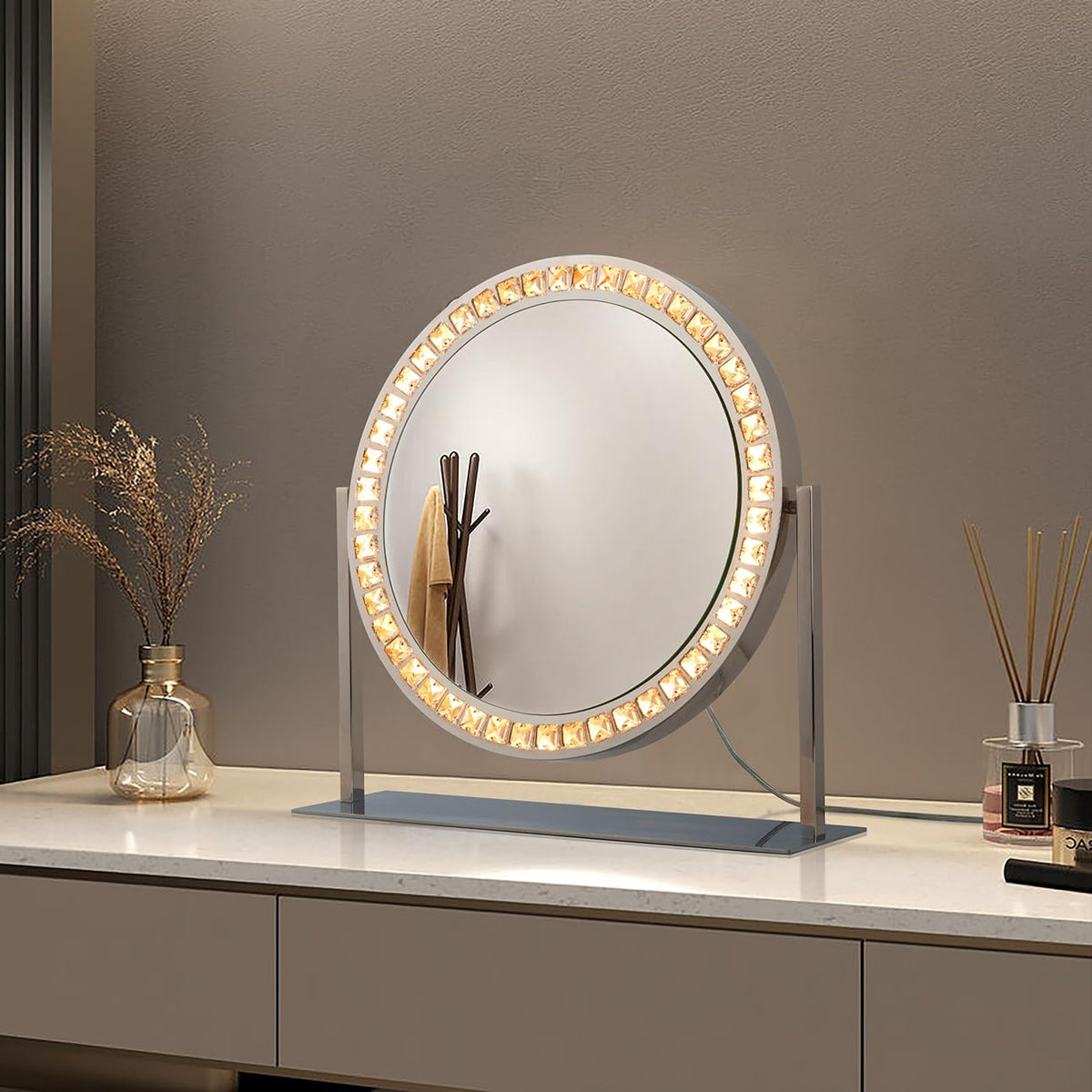 Marilyn Table Top LED Vanity Mirror - Chrome by NOVA of California – 20"L x 20"W, Steel & Crystal, Chrome & Crystal, Model 4111270