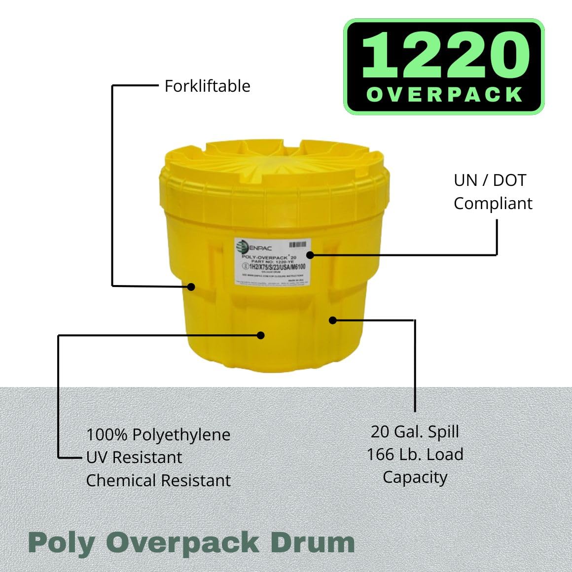 20-Gallon Emergency Response Universal Spill Kit (Includes Drum by Enpac – 20 Gallon, Poly-Rigid, Yellow, Model 1320-YE