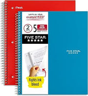 Five Star Spiral Notebook, 5 Subject, Wide Ruled Paper, 8" x 10-1/2", 200 Sheets, Tidewater Blue & Fire Red, 2 Pack (930082)